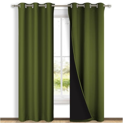 NICETOWN Olive Green Full Shade Curtain Panels, 37" Wide x 80" Long, Olive Green, Pair of Thermal Insulated & Energy Efficiency Blackout Drapes for Living Room, Lined Silky Performance Window Dressing