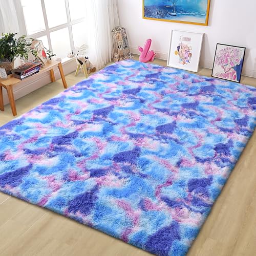 Tepook Soft Rainbow Rug for Girls Room, Cute Fluffy Bedroom Rug, 5x8 Feet Shaggy Princess Colorful Carpet for Kids Teens Toddler Playroom Nursery Reading Nook, Blue