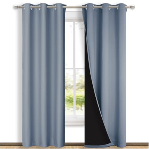 NICETOWN Full Shade Curtain Panels, 37" Wide x 80" Long, Vintage Blue, Pair of Thermal Insulated & Energy Efficiency Blackout Drapes for Living Room, Lined Silky Performance Window Dressing