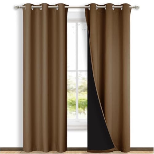 NICETOWN Gold Brown Full Shade Curtain Panels, 37" Wide x 84" Long, Pair of Thermal Insulated & Energy Efficiency Blackout Drapes for Living Room Windows, Lined Silky Performance Window Dressing
