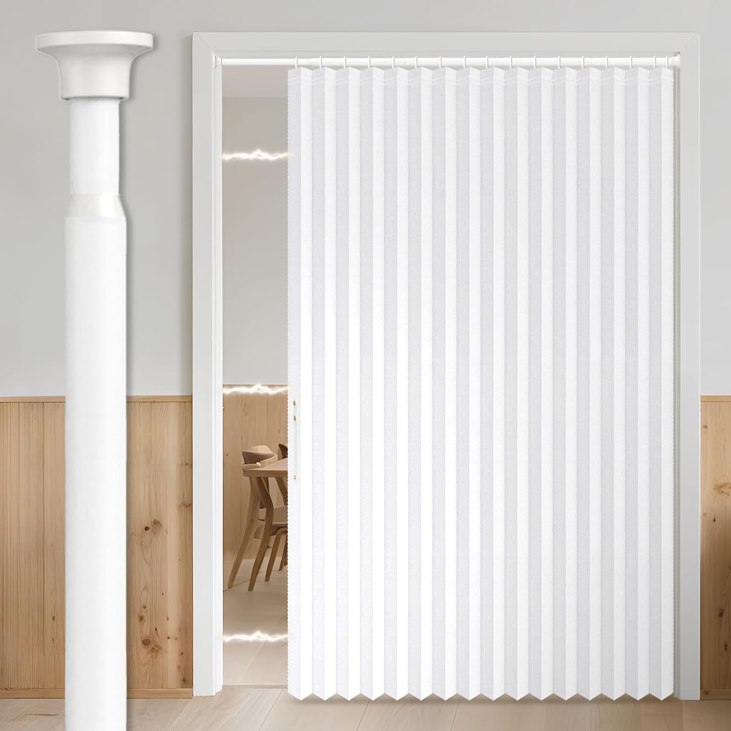 AJAZZ 100% Blackout Accordion Doorway Curtain Sets Magnetic Door Curtain Patio Door Invisible Folding Door for Bedroom Living Room (1 Pack, 74 W x 78 L, White+Rod)