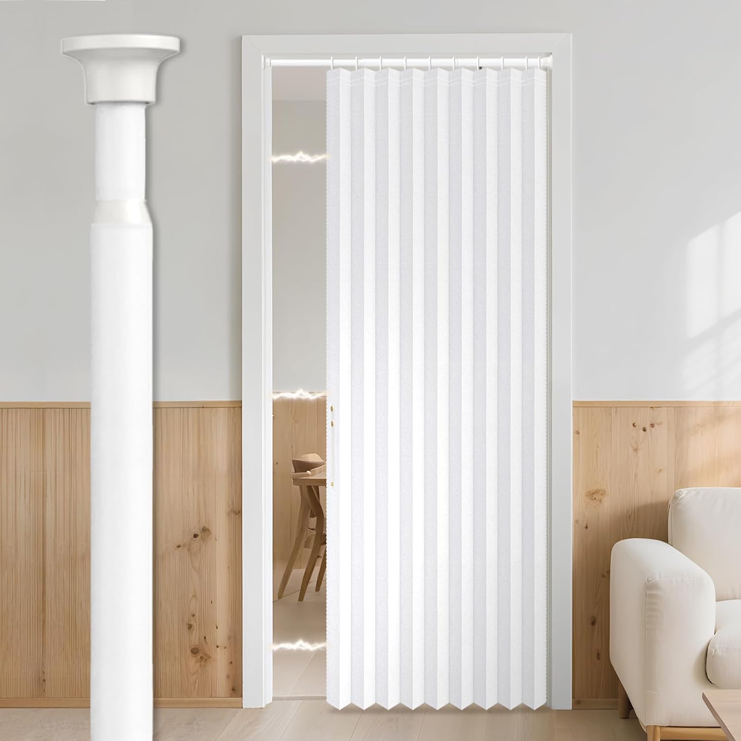 AJAZZ 100% Blackout Magnetic Door Curtain Patio Door for Bedroom Living Room Accordion Doorway Curtain Sets (1 Pack, 44 W x 78 L, White+Rod)