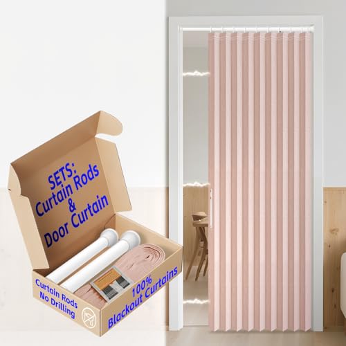 AJAZZ 100% Blackout Door Curtain (44 x 78, Pink+Rod)