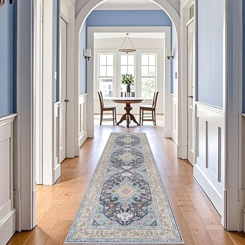 3x10 Non Slip Runner Rug - Oriental Washable Carpet with Rubber Backing for High Traffic Areas - Low Pile Farmhouse Entryway Mat - 3'x10' Blue/Beige/Multi