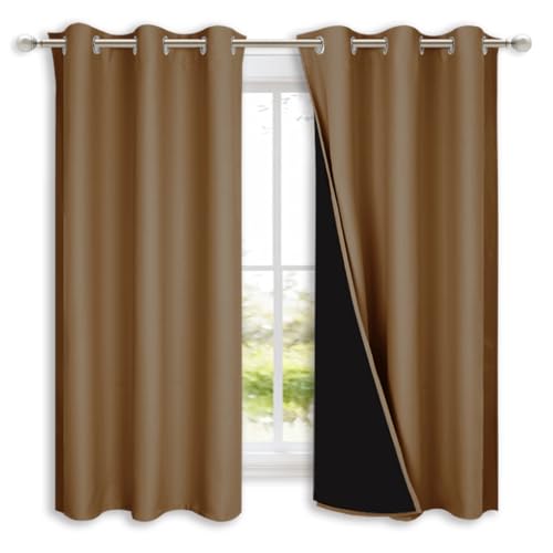 NICETOWN 100% Blackout Short Curtains with Black Liners, 2 Panels, 37" W by 63" L, Gold Brown, Solid Thermal Insulated Full Blackout 2-Layer Lined Drapes, Energy Efficiency Window Drapes for Bedroom