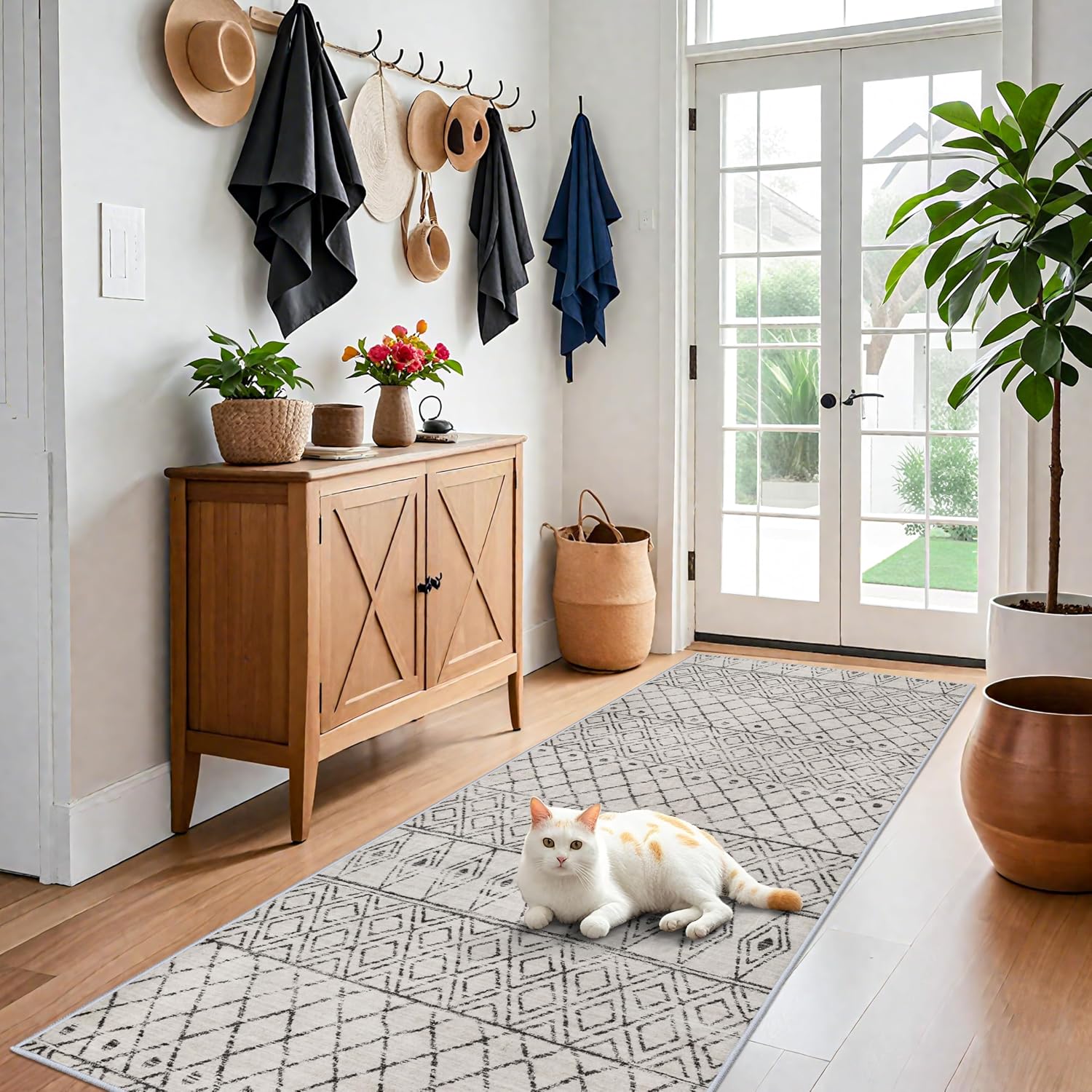 4x8 Rug Machine Washable - Moroccan Hallway Runner Rug Non Slip Pets Friendly Runner Low Pile Soft Indoor Floor Mat Front Door for Kitchen Bedroom Entryway Laundry 4x8 Geo Grey