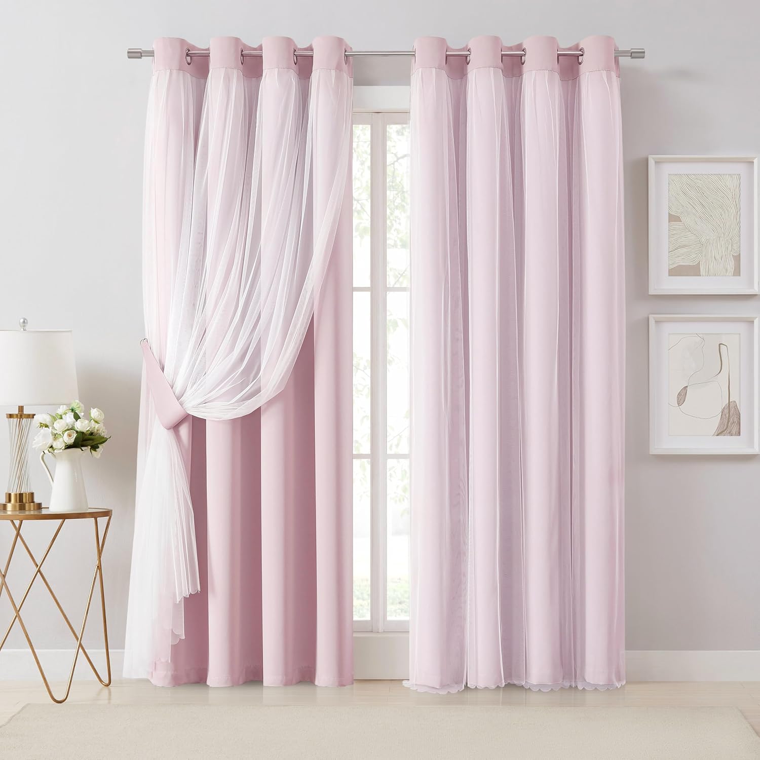 Bujasso Pink Blackout Curtains with Sheer Overlay Mix and Match Double Layer 80% Room Darkening Window Treatment Set for Girls Bedroom Living Room Pink Drapes with Tiebacks Grommet Top 54" Wx84 Lx2