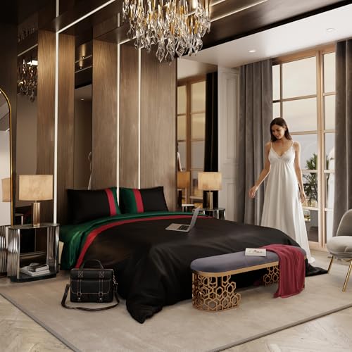 Stoa Paris Satin Queen Size Duvet Cover Set 3PCs, 300TC Breathable Cooling Duvet Cover, Hidden Zipper Closure, Hypoallergenic for Skin & Hair, Cozy Pillow Covers, Vogue - Black, Red, Green