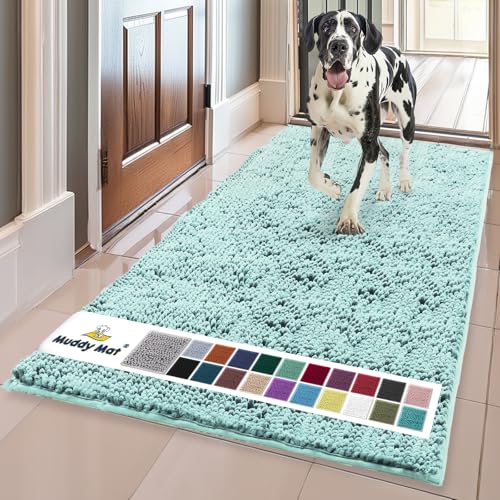 Muddy Mat AS-SEEN-ON-TV Highly Absorbent Microfiber Door Mat and Pet Rug, Non Slip Thick Washable Area and Bath Mat Soft Chenille for Kitchen Bedroom Indoor and Outdoor - Seafoam Green 36" x 120"