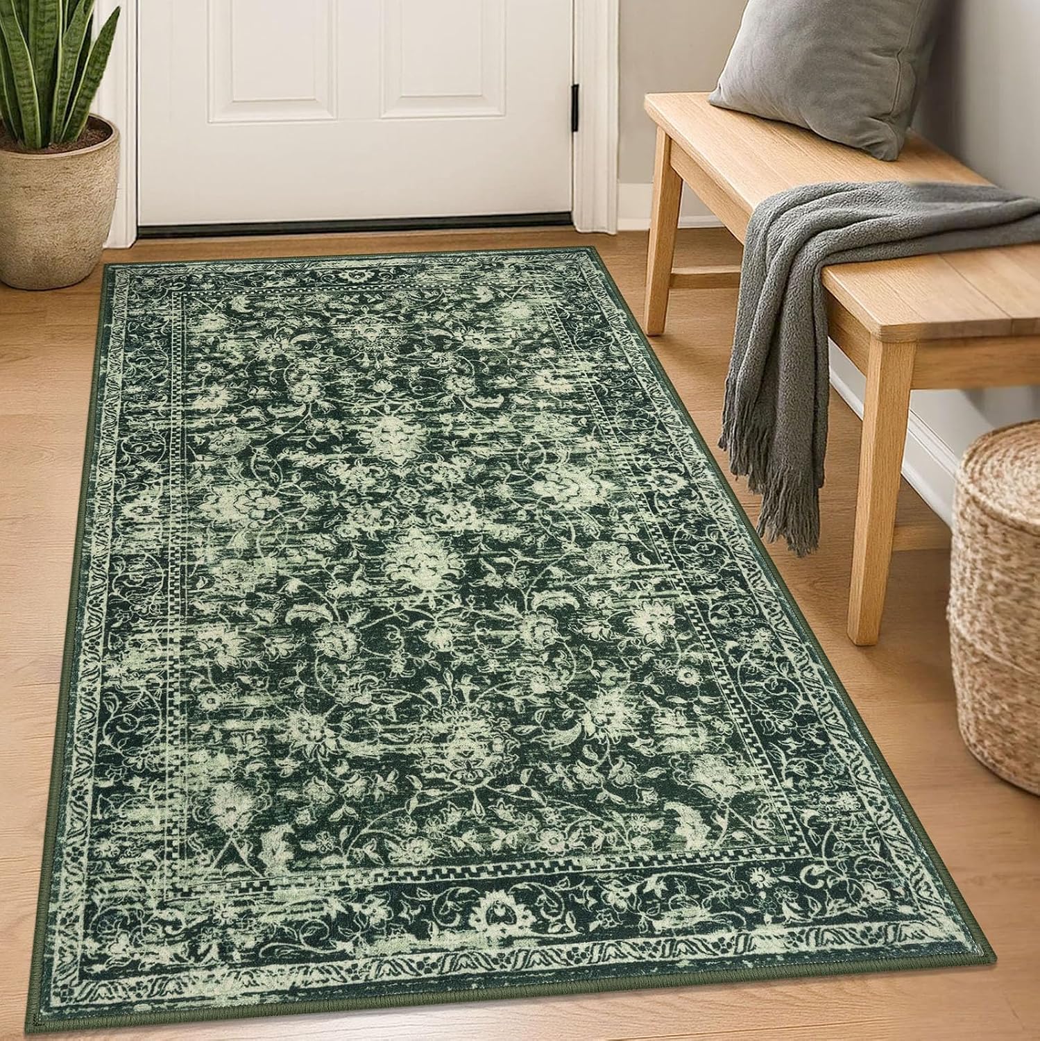 KILOCOCO Area Rug 3x5 Entryway Rug Washable Printed Vintage Floral Rubber Backed Non Slip Indoor Kitchen Rugs for Living Room Laundry Room Playroom Mudroom Moroccan Area Rugs, Green
