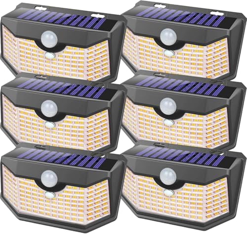 HMCITY 120 LED Outdoor Solar Lights- with Motion Sensor and 3 Lighting Modes, IP65 Waterproof Wide Solar Wall Lights Ideal for Garden Patio Yard (Front Button 6Packs, Warm White)