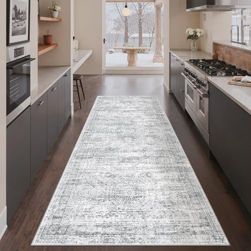 3x8 Runner Rug Non Slip Washable for Entryway, Vintage Hallway Runner for Front Porch, Laundry Room, Bedroom, Abstract Stain Resistant Thin Indoor Kitchen Mats for Floor(3'x8', Grey/Ivory)