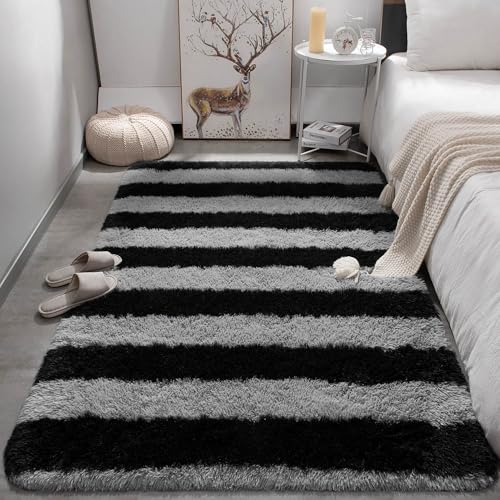 Meralax Area Rugs for Living Room Bedroom, Machine Washable 5x8 Feet Soft Fluffy Shaggy Rug, Grey and Black Stripe Indoor Floor Carpet for Boys, Dorms, Nursery Rooms, Home Decor Aesthetic