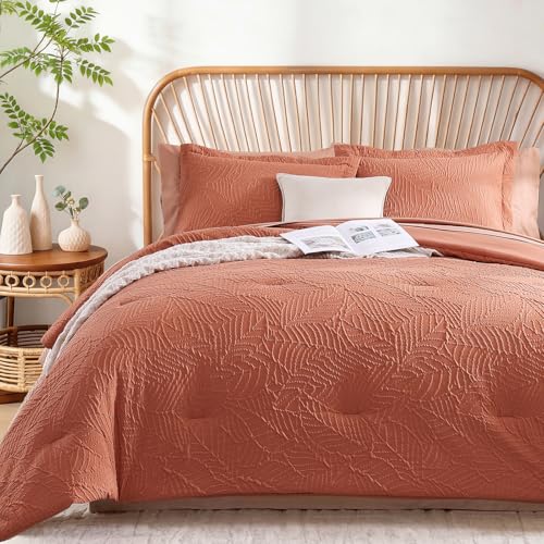 Geniospin Full Size Comforter Set - 7 Pieces Burnt Orange Bedding Set, Botanical Textured Fall Comforter Set, All Season Lightweight Bed in a Bag with Comforter, Sheets, Pillowcases & Shams