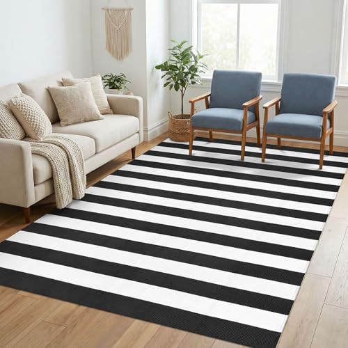 KILOCOCO Black White Striped Rug 5x7 Area Rugs for Living Room Cotton Machine Washable Front Porch Layered Rugs for Patio Farmhouse Bedroom Kitchen Laundry Room