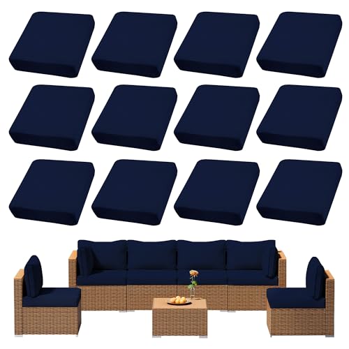 12Pcs Outdoor Cushions Covers Waterproof, Patio Cushion Covers, Stretch Cushion Covers Replacement,Cushion Slipcovers, Furniture Cushion Covers (Navy Blue 1, 12PCS)