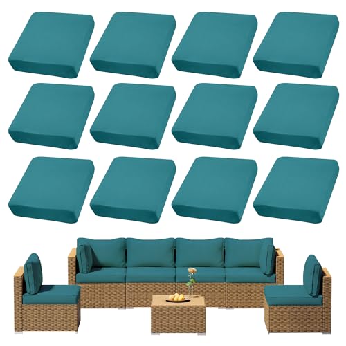 12Pcs Outdoor Cushions Covers Waterproof, Patio Cushion Covers, Stretch Cushion Covers Replacement,Cushion Slipcovers, Furniture Cushion Covers (Peacock Blue 1, 12PCS)