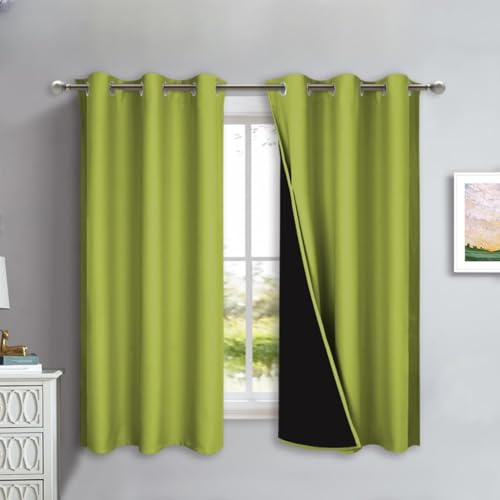 NICETOWN 100% Blackout Lined Curtains, Fresh Green, 1 Pair, 42" Width x 63" Length Each Panel, 2 Thick Layers Completely Blackout Window Treatment Panels Thermal Insulated Drapes for Kitchen