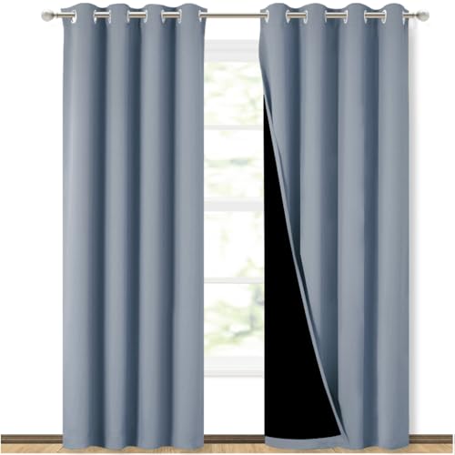 NICETOWN 100% Blackout Curtains 84 inches Long, Vintage Blue, 52 inches Wide, Pair of Energy Smart & Noise Blocking Out Drapes for Baby Room Window, Thermal Insulated Guest Room Lined Window Dressing