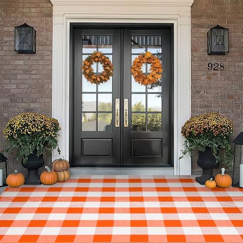 Fall Cotton Orange and White Plaid Rug - 4 x 6 Ft, Hand-Woven Indoor/Outdoor Layered Cotton Blend Buffalo Plaid Rug, Washable Front Door Mat, Perfect for Porch, Living Room, Entryway