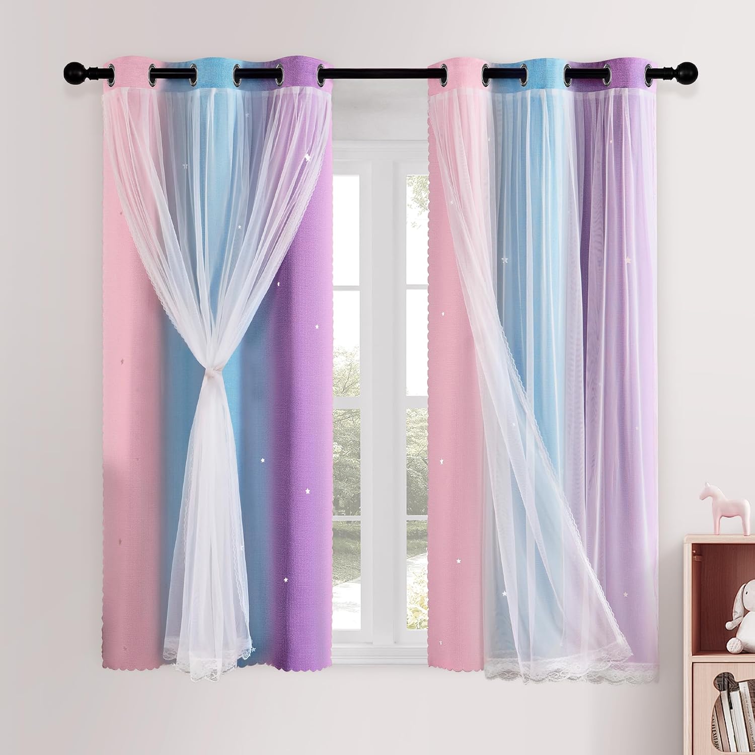 XiDi Rainbow Curtains for Girls Bedroom Double Layer Blackout Curtains Grommets Top Star Cutout Ombre Window Drapes with Sheer for Living Room Kids Nursery 2 Panels 42x63 Inch Length, Pink Purle