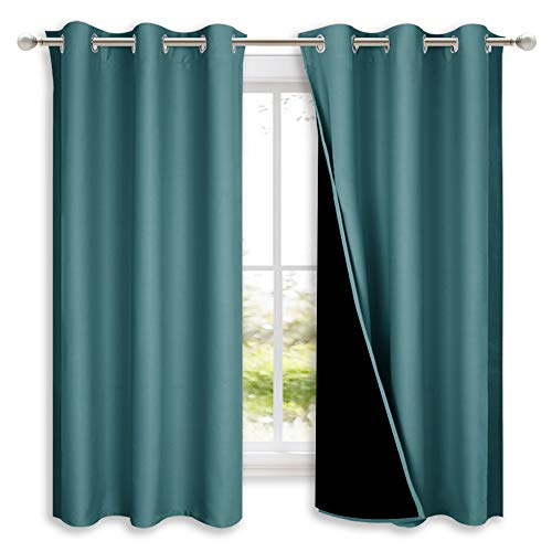NICETOWN 100% Blackout Curtains 54 inches Long, Sea Teal, 1 Pair, 42 inches Width Each Panel, Double-Deck Completely Blackout Window Treatment Thermal Insulated Lined Drapes for Small Window