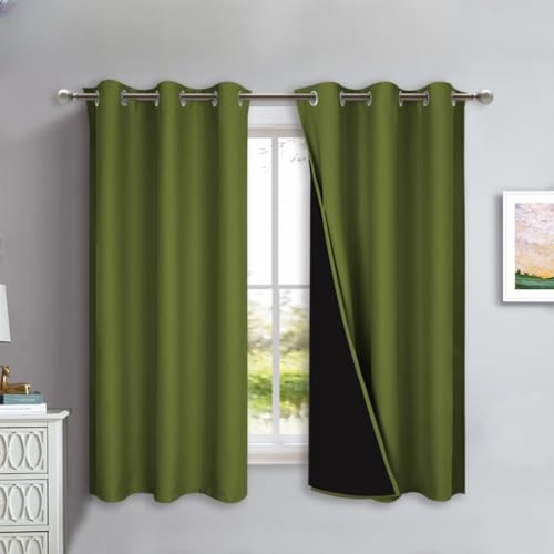 NICETOWN 100% Blackout Curtains 45 inches Long, Olive Green, 1 Pair, 42 inches Width Each Panel, 2 Thick Layers Completely Blackout Window Treatment Thermal Insulated Lined Drapes for Small Window