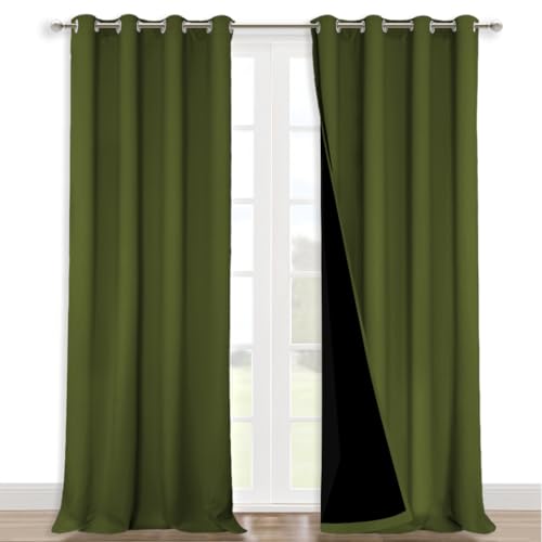NICETOWN Full Shading Curtains 90" Long 2 Panels Set for Windows, Olive Green, Pack of 2, 52" W, Super Heavy-Duty Black Lined Blackout Curtains for Bedroom, Privacy Assured Window Treatment