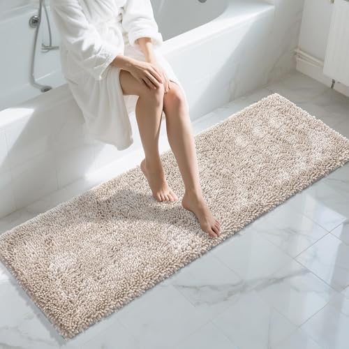 Yimobra Long Bathroom Rugs Runner 70x24 Inch, Extra Thick Soft Absorbent Chenille Bath Mat, Non Slip Machine Washable, Quick Dry Bath Rugs for Bathroom Floor, Tub and Shower, Khaki
