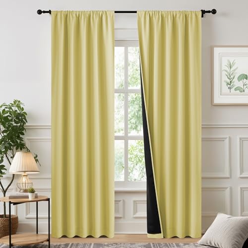 NICETOWN 100% Blackout Curtains for Patio Sliding Glass Door, Paler Yellow W52 x L84 Set of 2 Light Blocking & Soundproof Drapes,Rod Pocket Black Lined Window Treatment Panels
