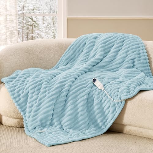 Bedsure Heated Blanket Electric Throw - Thick Striped Flannel Electric Blanket, Heating with 4 Time Settings, 6 Heat Settings, and 3-Hour Timer Auto Shut Off, Gift for Grandma (50"x60", Light Blue)