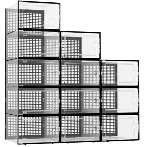 Kuject XX-Large Shoe Storage Boxes Organizers Clear Plastic Stackable 12 Pack, Shoe Rack & Holder Substitute, Sneaker Containers, Toy Storage Organizer Bins for Entryway, Closet, Under Bed, Black