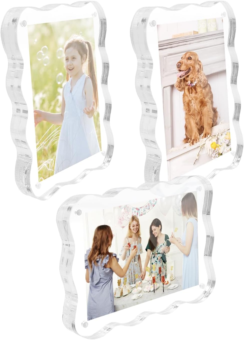 AceList 3 Pack Acrylic Picture Frames, 57 Scalloped Magnetic Picture Frames, Double Sided Clear Floating Photo Frame with 10+10mm Thick, Freestanding Gift for Home Tabletop Display