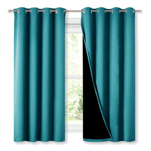 NICETOWN Extra Long Truly Blackout Drapes for Hall and Villa, 46" Width Each Panel, 45" Length, Peacock Teal, 2 Pieces, 100% Blackout Window Curtain Panels with Black Lined for Night Shift Worker