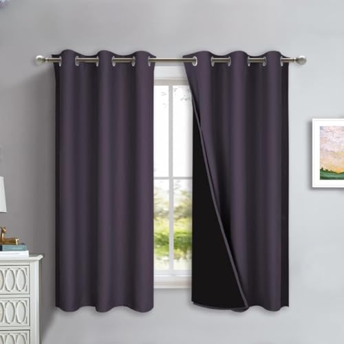 NICETOWN 100% Blackout Curtains 54 inches Long, Greyish Purple, 1 Pair, 42 inches Width Each Panel, 2 Thick Layers Completely Blackout Window Treatment Thermal Insulated Lined Drapes for Small Window