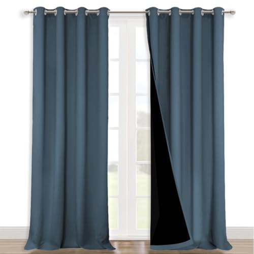NICETOWN Full Shading Curtains 90 inches Long 2 Panels Set for Windows, Smoky Blue, Pack of 2, 52 inches W, Super Heavy-Duty Black Lined Blackout Curtains for Bedroom, Privacy Assured Window Treatment