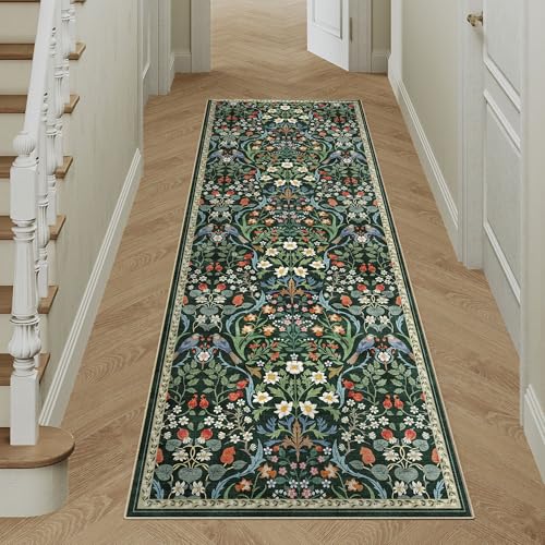 WondRg 2x6 Washable Dark Green Floral Runner Rug