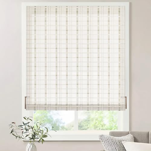 LazBlinds No Tools No Drill Bamboo Roller Shades, Cordless Bamboo Blinds, Light Filtering Roll Up Blinds for Windows, French Door, Porch or Patio, 27'' W x 64'' H, Whitewash B