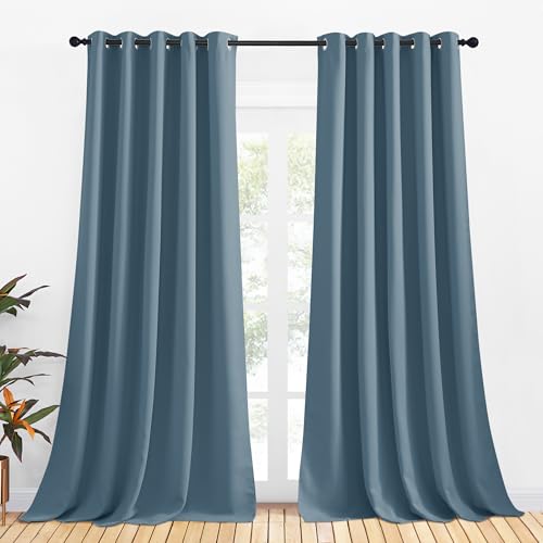 NICETOWN Blackout Curtain Panels for Bedroom, 2 Panels, W70 x L95-inch, Smoky Blue, Thermal Insulated Grommet Top Blackout Draperies and Drapes for Basement
