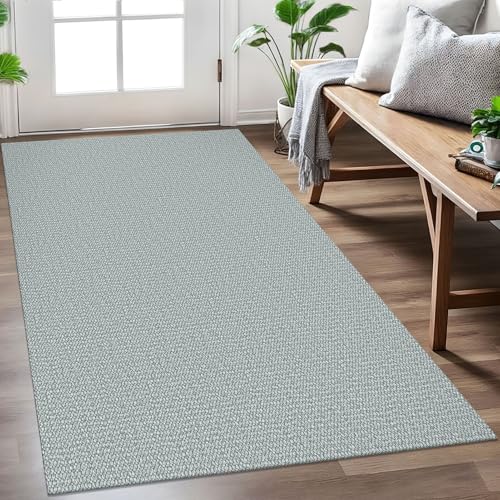 EARTHALL Washable Area Rug 3x5 Ft Non Slip Rugs for Entryway, Non Slip Braided Throw Rugs Door Mat Indoor Outdoor Entrance, Cotton Woven Carpet for Kitchen Foyer Front Door, Light Blue/Gray