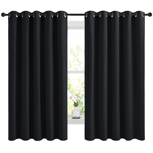 NICETOWN Blackout Curtains Panels for Bedroom, 2 Panels, 66 x 60 Inch, Black, 3 Pass Microfiber Noise Reducing Thermal Insulated Solid Ring Top Blackout Window Drapes
