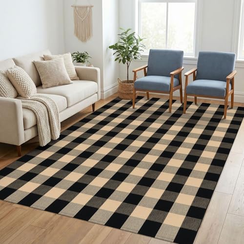 KILOCOCO Rug for Living Room Buffalo Plaid Checkered Rugs 5x7 Area Rug Brown Black Low Pile Cotton Washable Rugs for Porch Entryway Patio Bedroom Dining Room Farmhouse Carpet