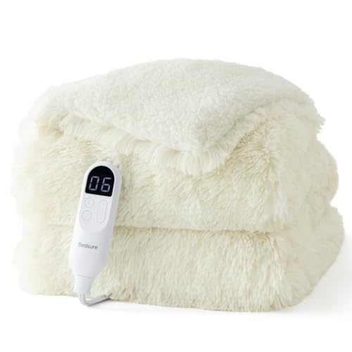 Bedsure Faux Fur Heated Blanket Throw Blanket, Fast Heating Fluffy Electric Blanket, Heated Throw with 4 Time Settings & 6 Heating Settings, Cozy Gifts for Women Men(50x60 inches, Cream)