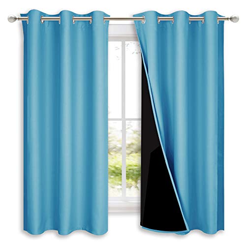 NICETOWN 100% Blackout Curtains 54 inches Long, Teal Blue, 1 Pair, 42 inches Width Each Panel, 2 Thick Layers Completely Blackout Window Treatment Thermal Insulated Lined Drapes for Small Window