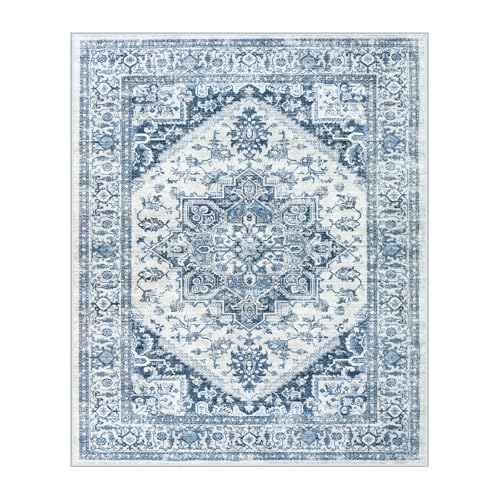 LIVEBOX Blue Washable Area Rug 8x10 - Large Vintage Tribal Living Room Rug Oriental for Bedroom, Non-Slip Retro Medallion Carpet Print Distressed for Dining Room Guest Office