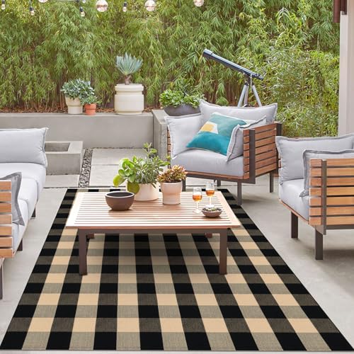 IOHOUZE Buffalo Plaid Rug 5x7 Ft Indoor Outdoor Rug, Washable Rugs for Living Room, Spring Summer Welcome Mats Outdoor, Cotton Area Rug for Farmhouse/Entryway/Home Entrance,Tan Black