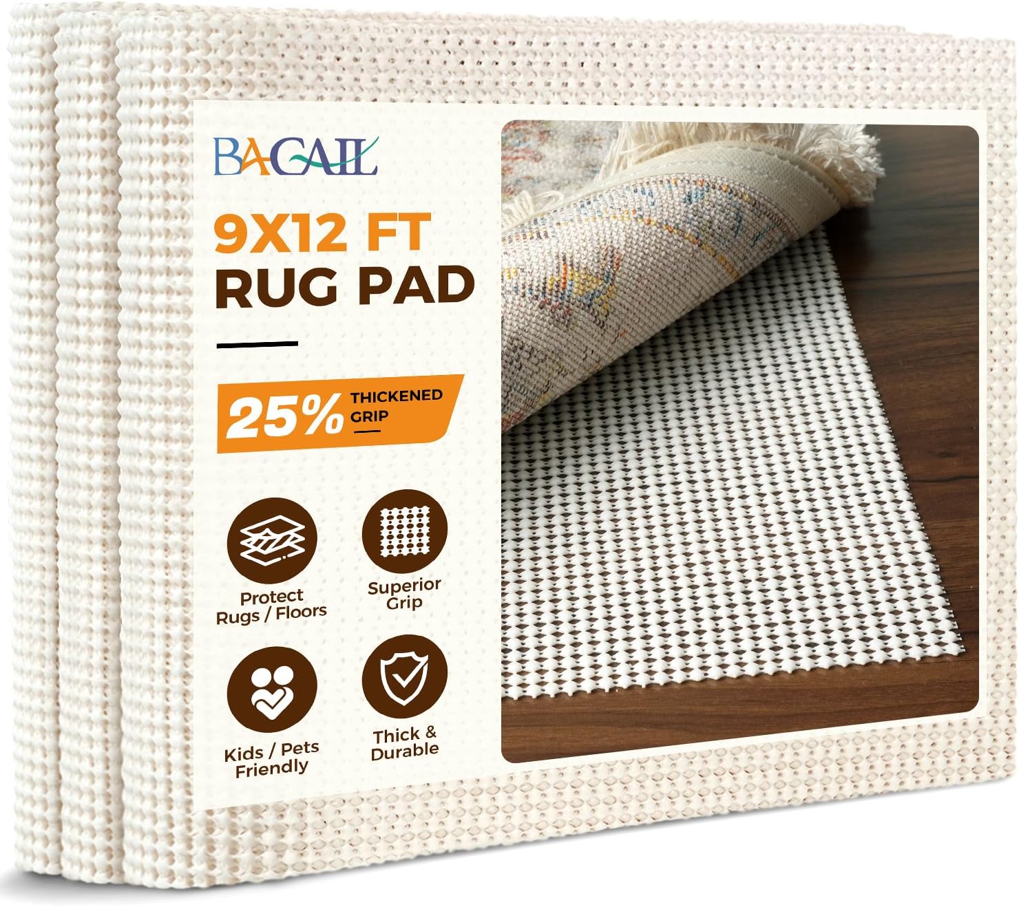 BAGAIL BASICS 9 x 12 FT Rug Pad Gripper for Hardwood Floors, Non Slip Rug Pads for Area Rugs, Extra Thick Under Rug Padding, Protect Your Rugs & Floors
