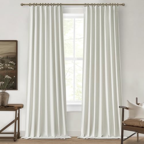 Beige White Linen Curtains 92 Inches Long 2 Panels Set, Modern Neutral Nursery Blackout Curtains for Kids Bedroom Thermal Drapes for Summer Heat Noise Reducing Hook Belt&Back Tab(W50 x L92)