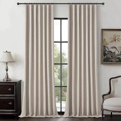 Grey Flax Curtains 92 inch Length 2 Panels Set, Hook Belt&Rod Pocket White Backing Beige Taupe Thermal Living Room/Bedroom/Sliding Door Linen Blackout Curtain Window Boho Summer Drapes (50"Wx92"Lx2 )
