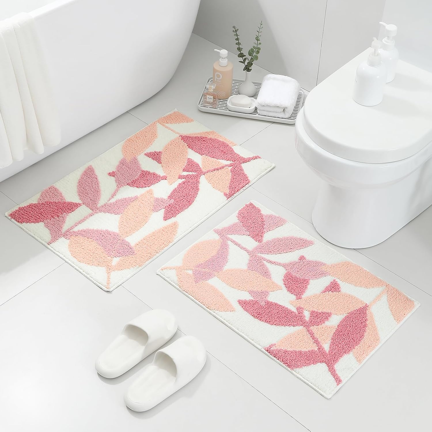 Gibelle Pink Bathroom Rug Set, Non-Slip Strong Water Absorbent Plush Microfiber Bath Mat Set, Machine Washable Bathroom Floor Mat Cute Shower Rug Indoor Doormat (18"x26"+20"x32")
